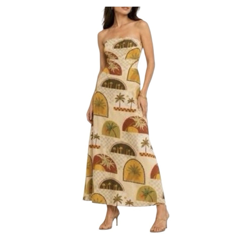 Paper Heart Maxi Dress XS Women Tropical Linen Blend Strapless Sundress Resort